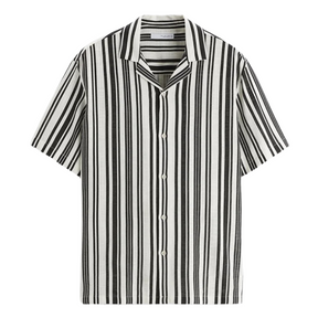 Camisa Masculina em Linho Listrada Montelezzi ML359, tecido respirável, secagem rápida, modelagem casual e colarinho acampamento para um visual moderno.