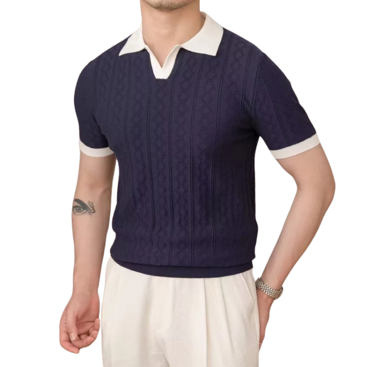 Camisa Polo Masculina Tricot Montelezzi ML025, confeccionada em algodão premium com textura jacquard, modelagem slim fit e alta respirabilidade.