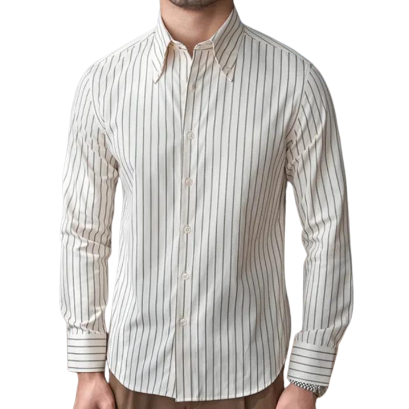 Camisa Social Listrada de Algodão Montelezzi ML056, slim fit, com gola estruturada e acabamento refinado, perfeita para ocasiões formais.