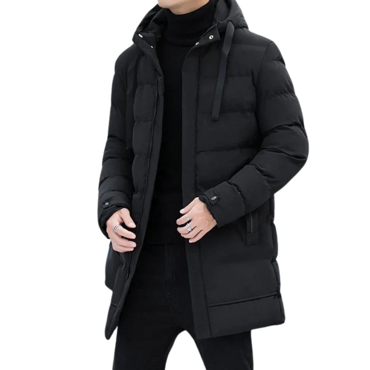 Jaqueta Puffer Masculina Alongada Montelezzi ML076 com isolamento térmico, modelagem ergonômica e design sofisticado para proteção contra o frio.