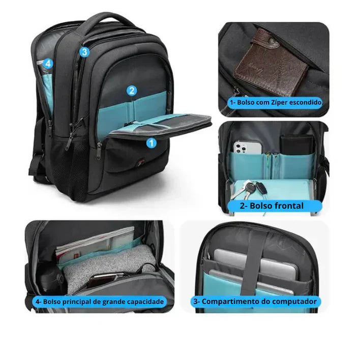 Mochila Executiva Montelezzi ML084 com espaço para notebook 17", material impermeável, alças acolchoadas e porta USB integrada.